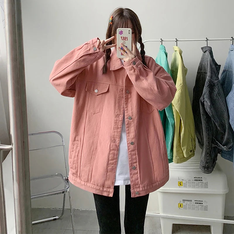 🍒Jeans jacket women coats big pockets female oversize denim jacket shirt collar casual loose relaxed fit outerwear spring  autumn fashion Do-All Daily Denim