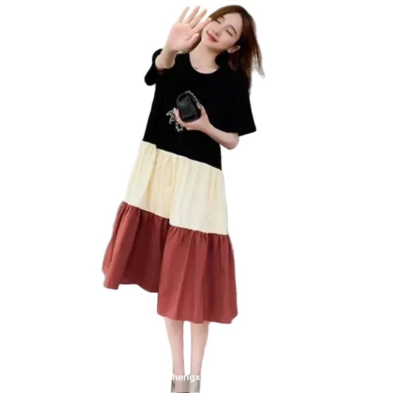 🍒T-shirt dress women colour block outfit loose fit plus size summer fashion stripe clothing stylish medium length over knee a-line fashion wear holiday wear Blocks Of Style