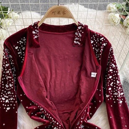 🍒Bodycon o-nek langmou rok glitter strass uitrusting fluweel sjiek oesjaarstyl klere sjiek herfsmode partytjie geleentheid drag Kry Wyn Stoned
