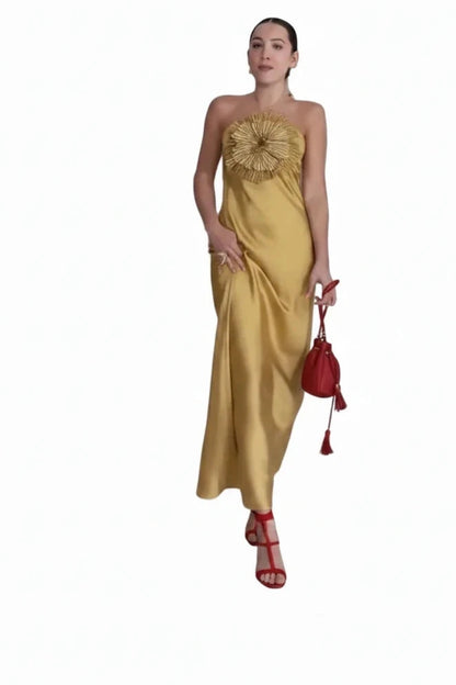🍒Party dress for women gold outfit for ladies with 3D flower Halter sleeveless backles maxi satin occasion wear evening wear for holiday italian made feminine dresses for summer chic fashion Fem Fleur Fashion