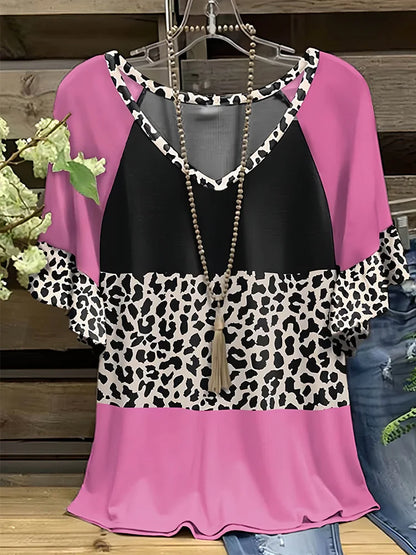🍒Plus size leopard print clothing t-shirt with v-neck short sleeve tee smart casual women's plus size clothing Find Your Animal In Pink