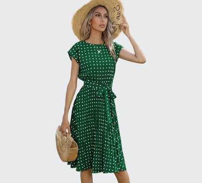 🍒Summer dresses for women high waist midi outfit with pleats elegant pleated polka dots short sleeve fashion office clothing vacation wear  Don’t Delay Dotties