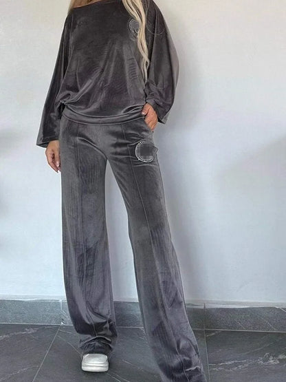 🍒Velvet two piece set solid round neck fashion of shoulder batwing top plus flared trouser casual two-piece outfits for women vibe in velvet