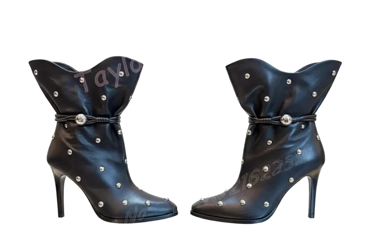 🍒black short boots women metal rivet footwear female fashion round toe stilettos high heel with side zipper big sizes You Will Be Riveted with these Rivets
