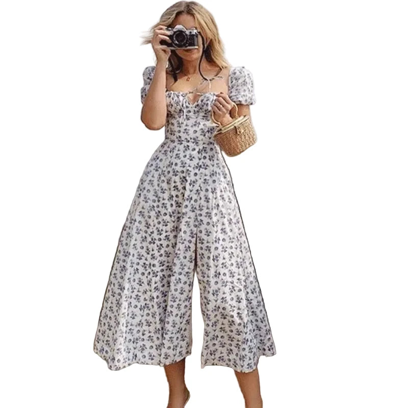 🍒Ruffle dress off shoulder summer vintage floral printed dress french women wear square neck backless outfit Slip On Relax And Take The World Off Your Shoulder