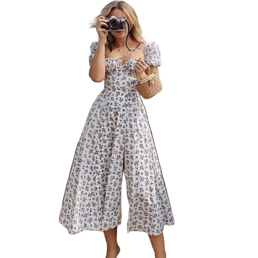 🍒Ruffle dress off shoulder summer vintage floral printed dress french women wear square neck backless outfit Slip On Relax And Take The World Off Your Shoulder