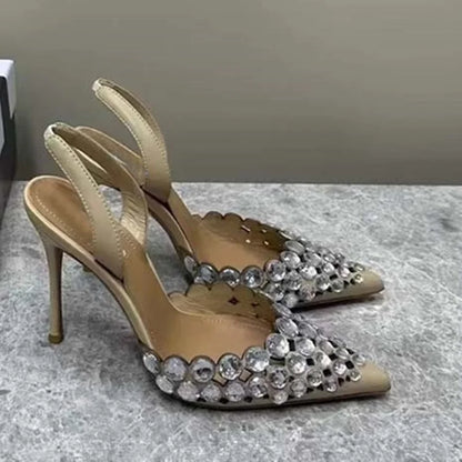 🍒Crystal slingback sandals pointed toe stilettos heels ankle strap occasion shoes footwear evening pumps for women modern party shoes On Point Fashion