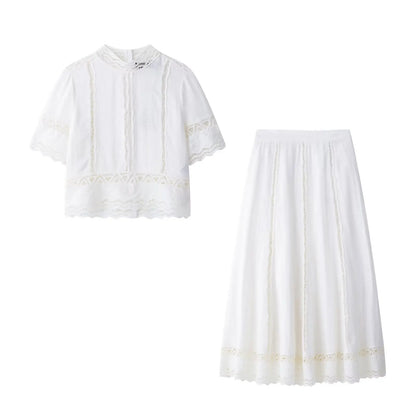 🍒Crochet top round neck design  short sleeve smart casual women  and matching white midi a- line skirt with side zipper suit The White Summer