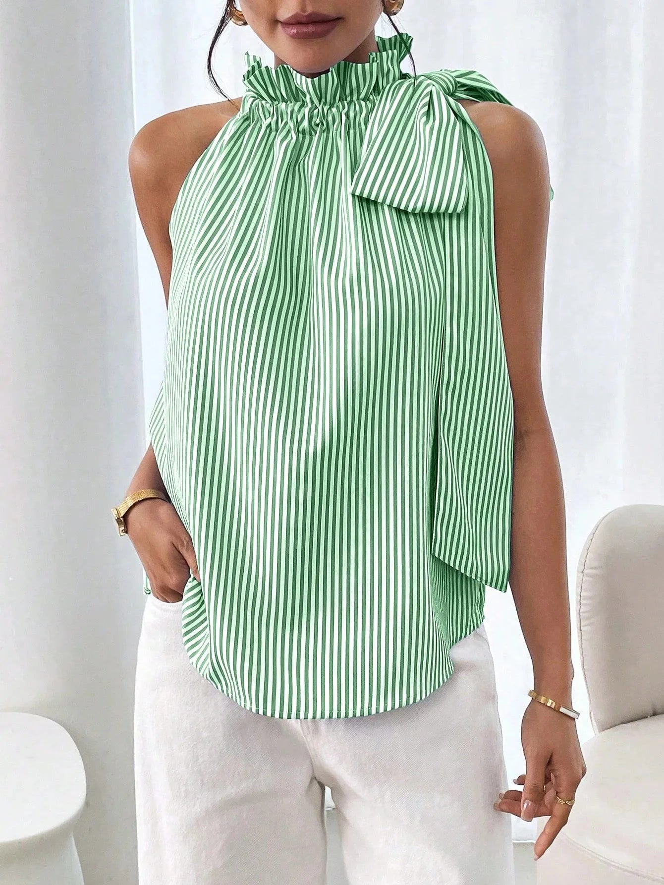 🍒Women shirts sleeveles sweet stripe blouse cute printed summer tops tie bow smart casual attire ladies