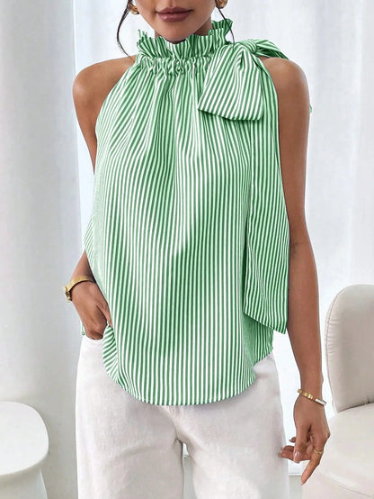 🍒Women shirts sleeveles sweet stripe blouse cute printed summer tops tie bow smart casual attire ladies