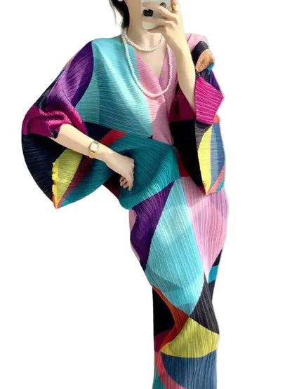 🍒Pleated batwing sleeves dress for women's high end fashion and relaxed printed v-neck holiday wear party occasion plisse clothing multi colour outfit Bag A Batwing