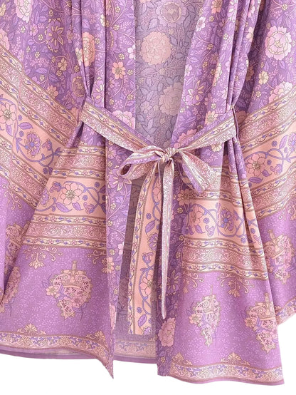 🍒Beach coverups wild floral print short light kimono jacket batwing duster bohemian ladies v-neck rayon short bikini swimwear cover over vacation wear holiday clothing casual wear  Colourful Comfort
