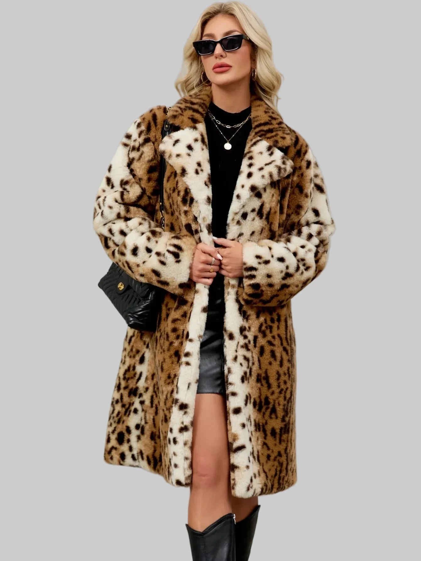 🍒Faux fur coat leopard long Jacket with lapel animal print outerwear fashion long sleeve overcoat women single breasted straight fit smart casual autumn winter wear Animate Your Style