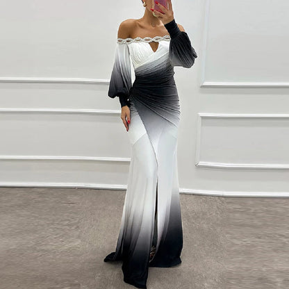 🍒Contrast colour dress high waist ruched long dress outfit Off shoulder puff sleeve party wear womens evening gown occasion wear