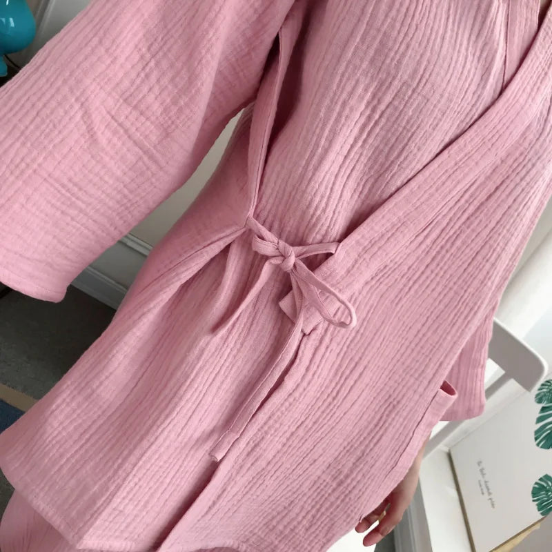🍒Two piece japanese suit cotton crepe pajamas kimono suit lovers 100% cotton crepe pajamas long jacket and trousers set kimono suit sleepwear casual clothing leisure wear Lounge Leisurely