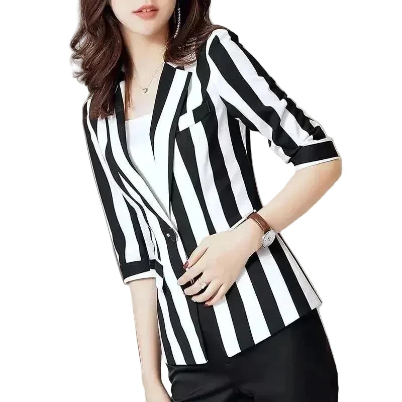 🍒Vintage striped blazer three quarter sleeve suit jacket women’s long sleeve double breasted jacket commuter smart casual outer wear plus size fashion striped clothing Stripe Lucky