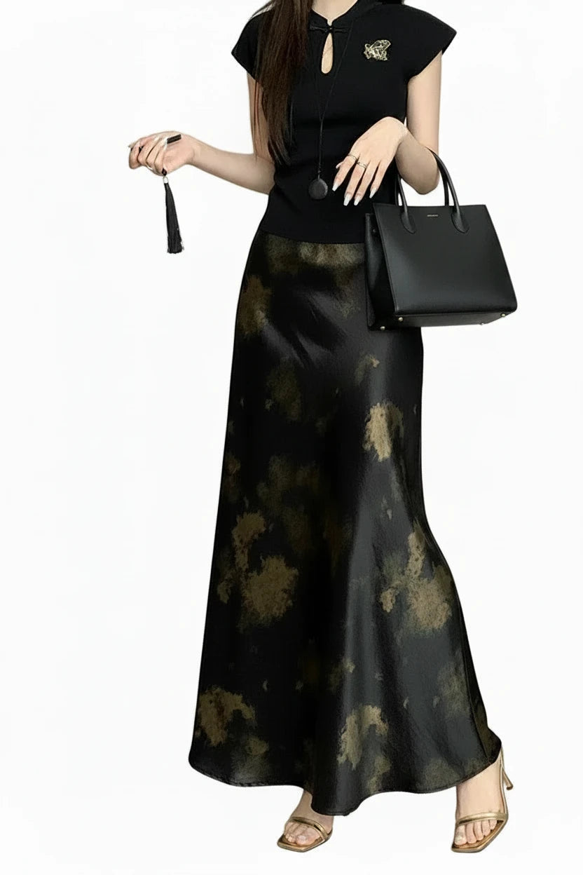🍒Elastic satin skirt with high waist slimming mid-length floral print high-end feel fish tail skirt shiny for women Slip On A Silky Slippy