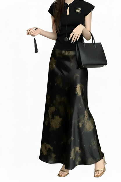 🍒Elastic satin skirt with high waist slimming mid-length floral print high-end feel fish tail skirt shiny for women Slip On A Silky Slippy