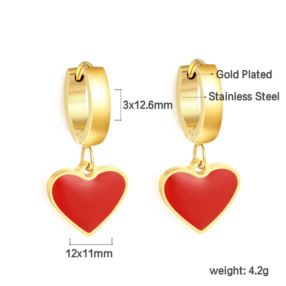 🍒 Stainless Steel Hoop Earrings enamel love heart Women Oil Drip jewelry Blue Black Red dangle drop earrings Always Love Drops
