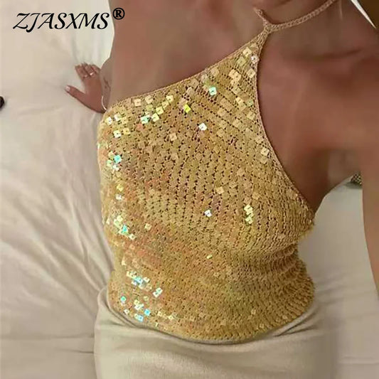 🍒闪光吊带亮片光泽上衣女式挂脖系带露背背心春夏夜店服沙滩装Y2K时尚 这将是您吊带衫的精髓