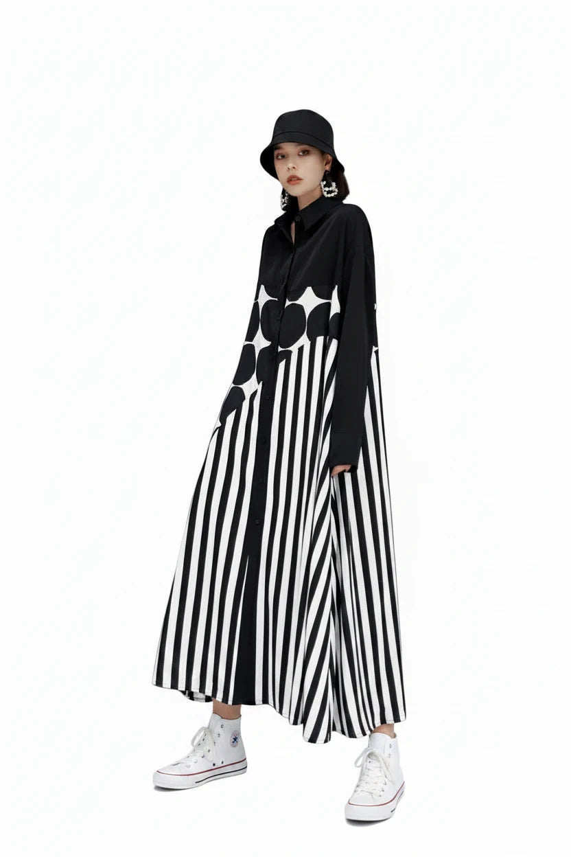 🍒Long sleeve loose fit shirt dress plus size woman black outfit with Dots striped fashion printed large smart casual dresses Spot The Stripes