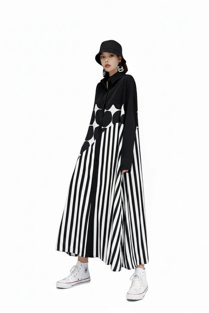 🍒Long sleeve loose fit shirt dress plus size woman black outfit with Dots striped fashion printed large smart casual dresses Spot The Stripes
