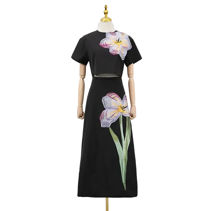 🍒3d flower skirt and top set womens two piece outfits slit back crop top and high waist a-line skirt smart casual wear female Every Body Loves A Flower