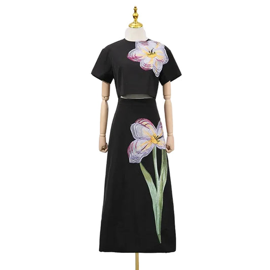 🍒3d blomromp en -topstel vir vroue twee-stuk uitrustings spleetrugkroptop en hoëlyf A-lyn romp slim informele drag vir vroue Elke Liggaam Is Lief Vir 'n Blom