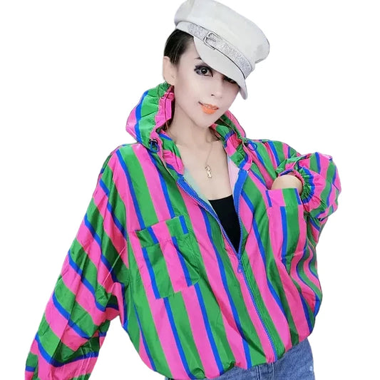 🍒Hooded windbreaker Jacket women streetwear long sleeves spring top quick drying Y2k striped clothing fashion casual bomber women    Swipe Right To This Right Stripe