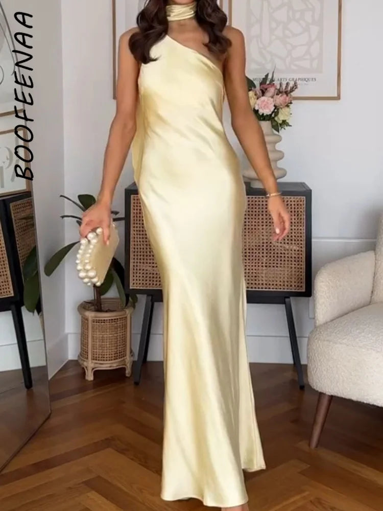 🍒Halter neck backless maxi dress one shoulder long backless outfit for women elegant yellow satin party wear occasion wear This Yellow Tulip Is Ready For Picking