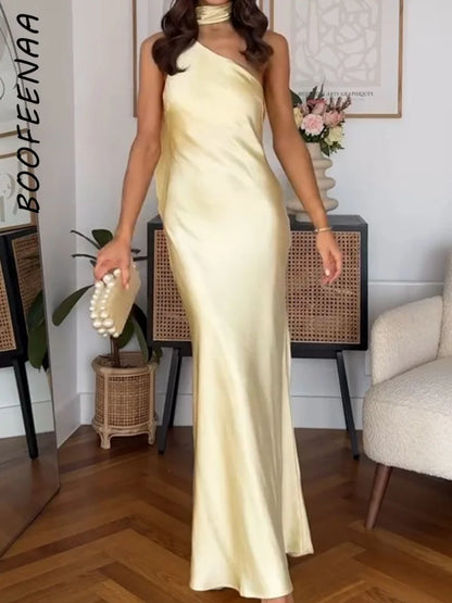 🍒Halter neck backless maxi dress one shoulder long backless outfit for women elegant yellow satin party wear occasion wear This Yellow Tulip Is Ready For Picking