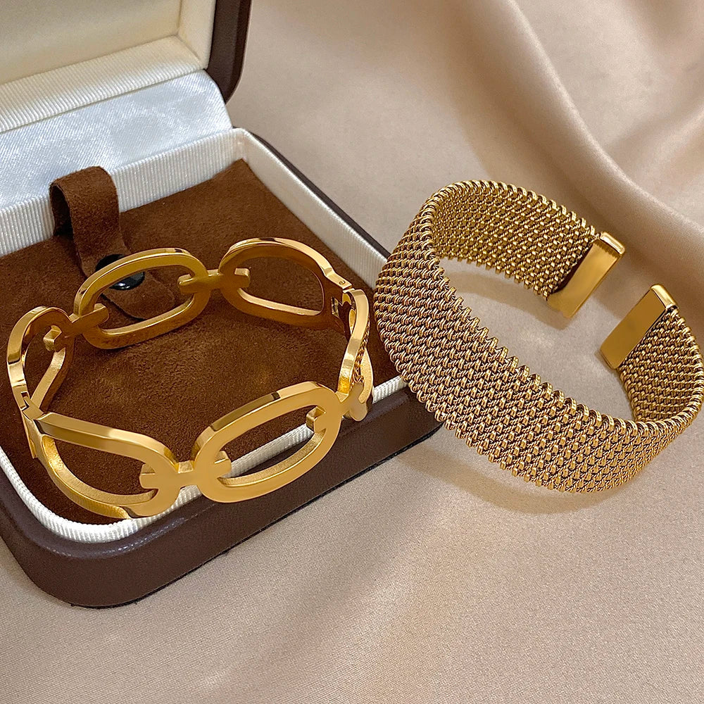 🍒Vintage Y2K stainless steel cuff bracelet wide weave open cuff bangle bracelet for women hollow waterproof stackable occasion jewellery for party smart casual jewellery gift Send A MESH -age