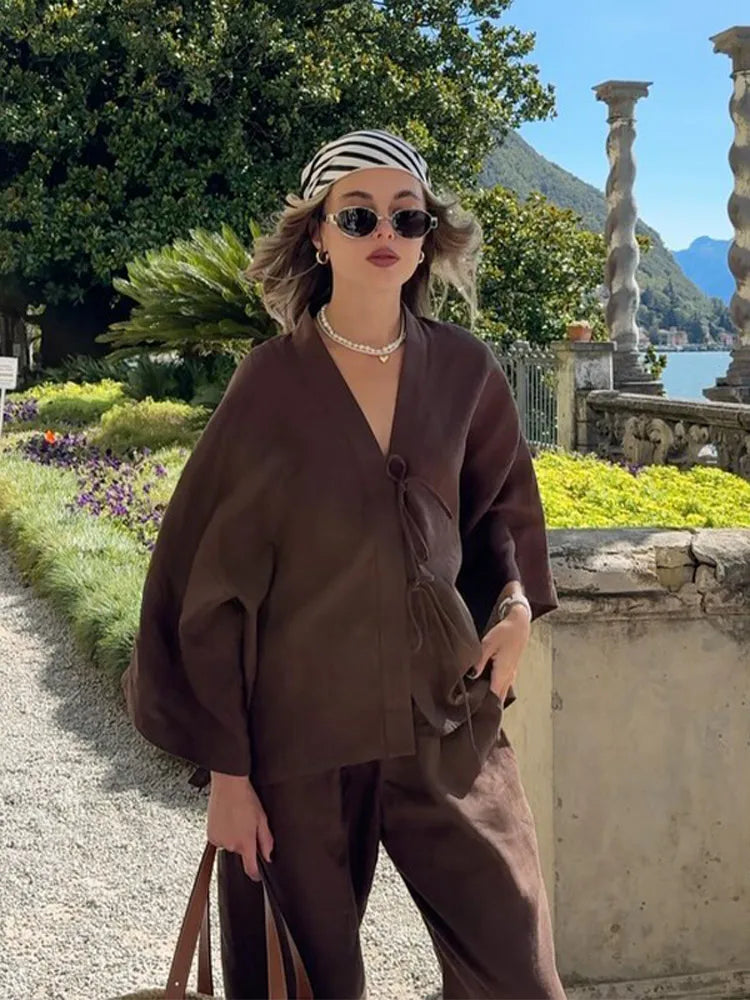 🍒Summer fashion outfits chic brown cotton linen lace up shirt suits casual v- neck long sleeves loose pants set lady Dont Get Browned Off With Uncomfy Clothes Get Some Chocholate And Relax