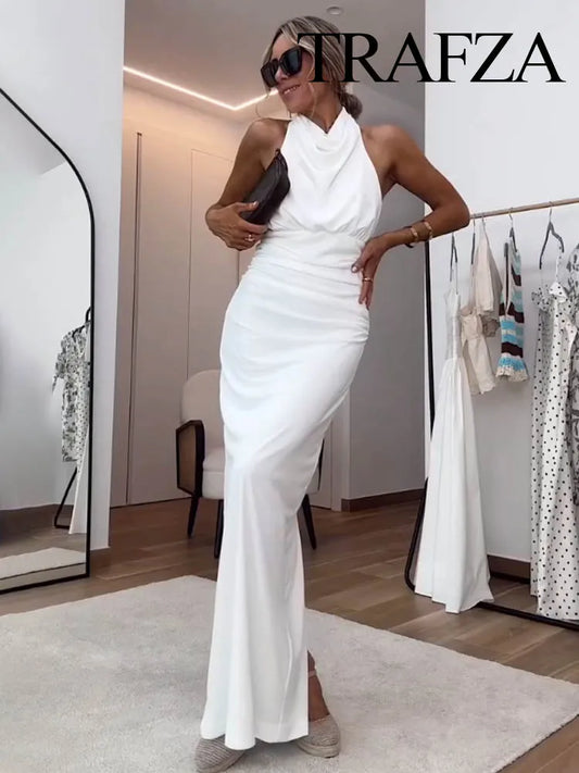 🍒Style sleeveless dresses solid backless halter Fold Decorate Button zipper Female Summer Slim Long Dress 3 Color