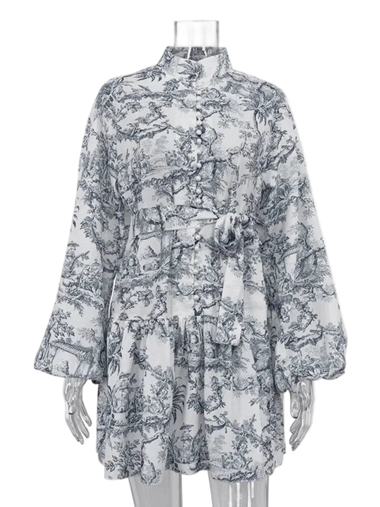 🍒Printed mini dress long sleeve clothes for hot weather o-neck outfit a line flare short china print smart casual female clothes fashion beach party wear holiday wear  Drink Cocktails In Your China
