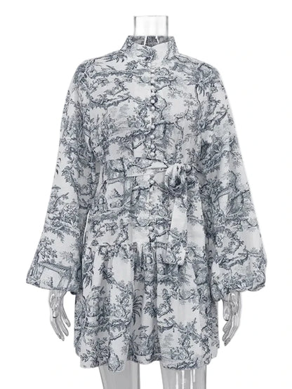 🍒Printed mini dress long sleeve clothes for hot weather o-neck outfit a line flare short china print smart casual female clothes fashion beach party wear holiday wear  Drink Cocktails In Your China