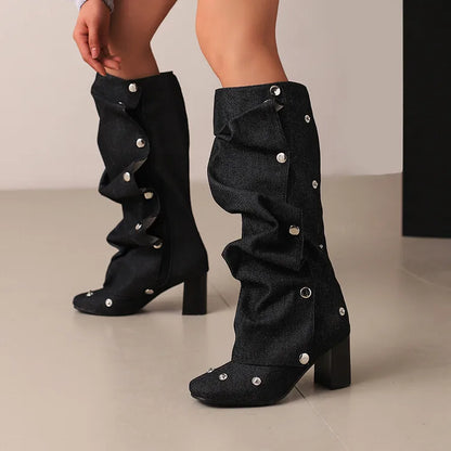 🍒Denim boots for Women blue multi snap-fastener pleated shoes with zip wide calf length boots winter footwear Cute Cowboy
