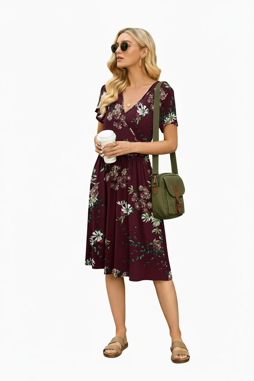 🍒Printed v-neck a-line short sleeve dress floral with high waist over knee outfits for summer womens fashion clothing beachwear holiday clothing A Bunch Of Beautiful Florals