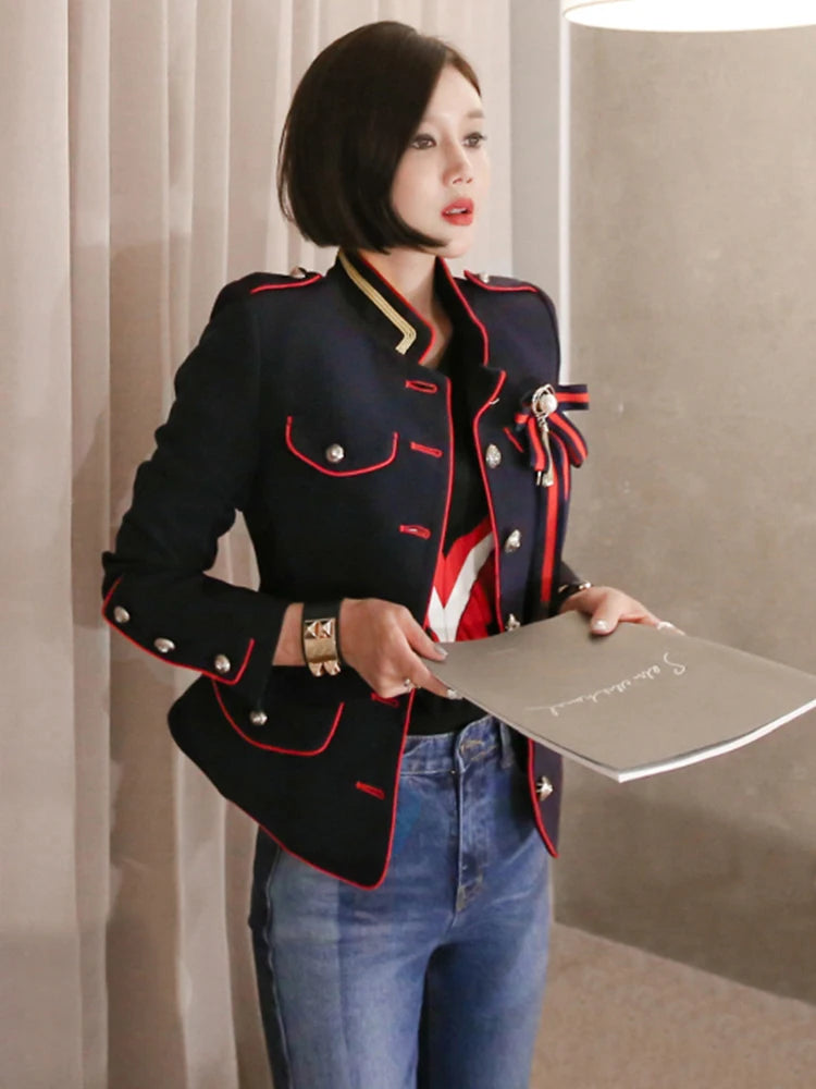 🍒Fashion womens cropped coat with stand up collar high quality vintage female jacket blazer spring autumn fashion smart casual outerwear occasion wear clothing millitary style clothing women Get REDy to EDGE(y) into MILLITARY