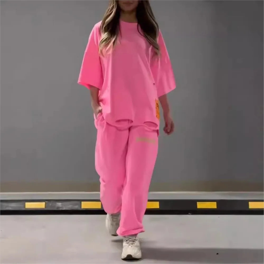 🍒Neon summer clothes fashion hollowed out o neck solid t shirt women's two piece set relaxed casual tracksuit for women with pocket pants Stand Out In Neon