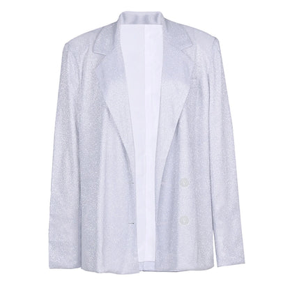 🍒Club night outfits sparkly fashion blazer matching sets female glitter party suit single breasted silver jacket women ladies bra top and wide leg pants three piece trouser set Sparkle With Fizz
