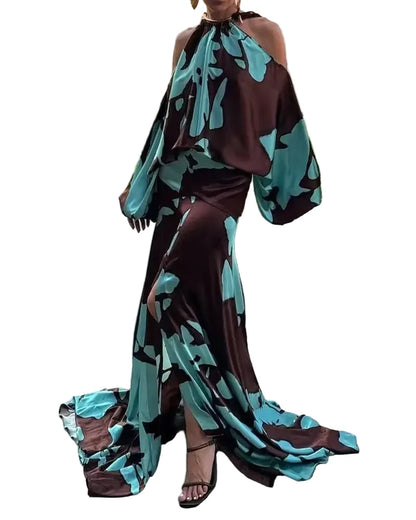 🍒Elegant evening dresses vacation style outfits printed off shoulder with slits party evening wear fashion clothing for women Look Sound In Aqa Brown Gown