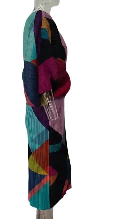 🍒Pleated batwing sleeves dress for women's high end fashion and relaxed printed v-neck holiday wear party occasion plisse clothing multi colour outfit Bag A Batwing