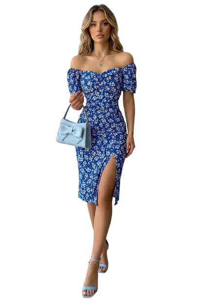 🍒Floral print party dress elegant women off shoulderless backless outfit summer slit boho midi smart casual ladies clothing Figure Out Your Floral Fashion