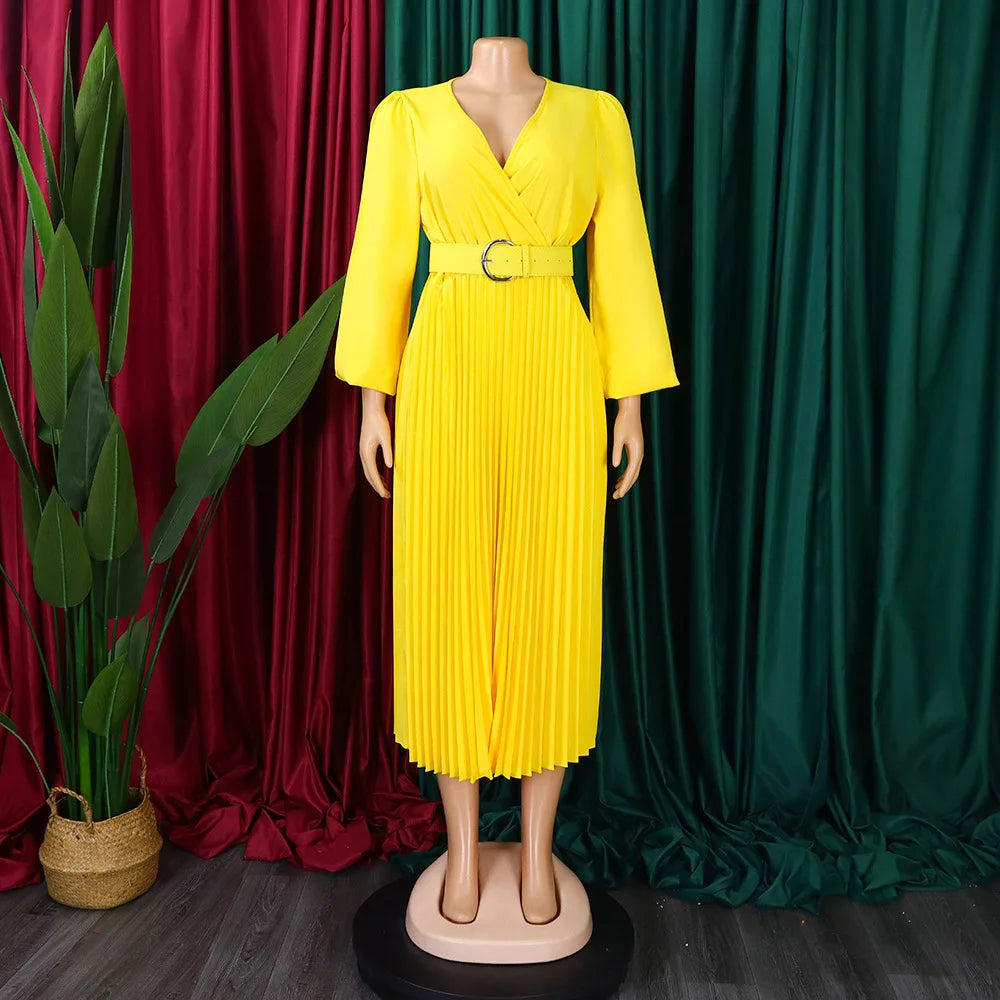 🍒Elegante vrouerok v-nek langmoue middellyfgordel a-lyn uitrustings soliede klere geplooide deftige mode kantoordrag vir dames banket formele drag somerklere Aangename Plooiings