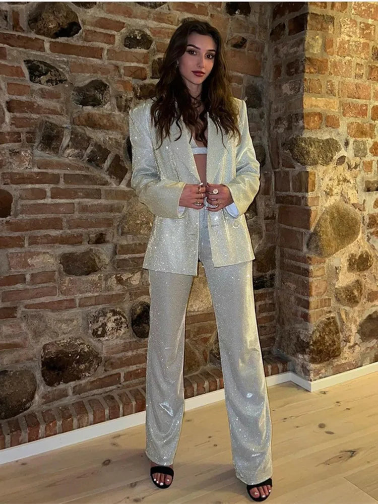🍒Club night outfits sparkly fashion blazer matching sets female glitter party suit single breasted silver jacket women ladies bra top and wide leg pants three piece trouser set Sparkle With Fizz