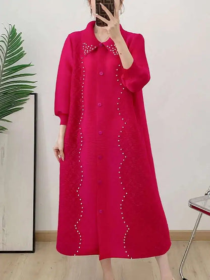 🍒Pleated dress for women spring  high-end occasion wear lapel coat outfit loose beaded long sleeve maxi elastic female fashion 6R5109