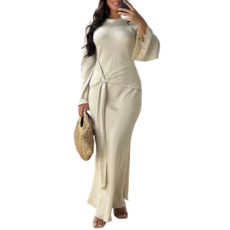 🍒Tie dress for women o neck fashion clothing slim fit smart casual wear long sleeve party wear elegant high waist outfit No Figuring This One Out