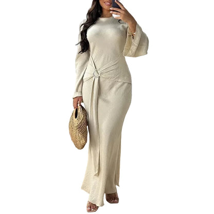 🍒Tie dress for women o neck fashion clothing slim fit smart casual wear long sleeve party wear elegant high waist outfit No Figuring This One Out