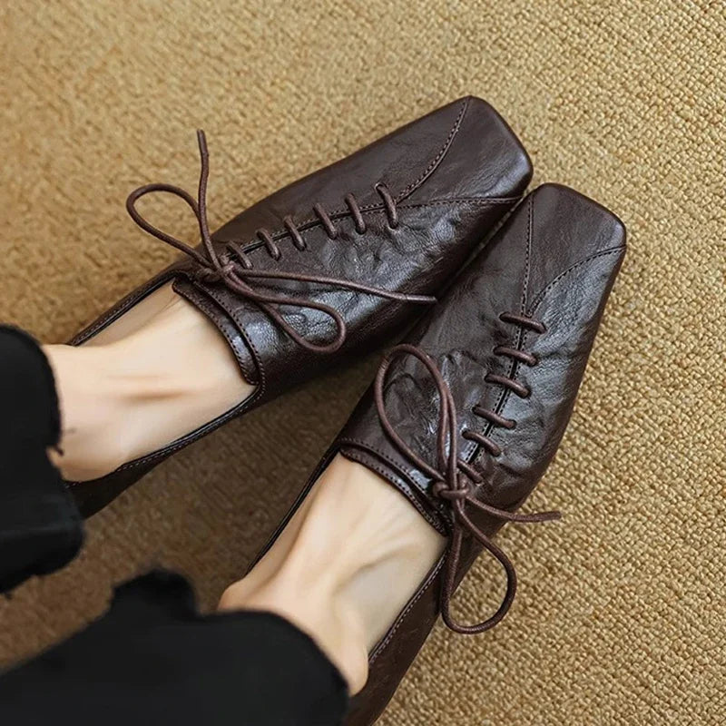🍒Damespompe elegante plat skoene vir vroue luukse laehak skoene met vierkantige toon veters gemaklike nuwerwetse skoene Rond Jou Vierkante Af Met Hierdie Pragtige Veters